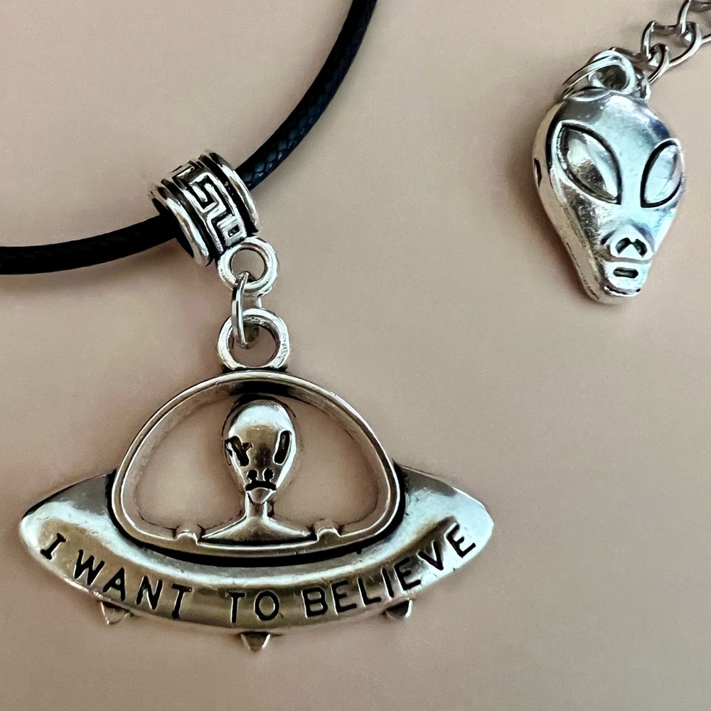 “Greetings Earthlings” Alien Spaceship Messenger Necklace on Black Cord